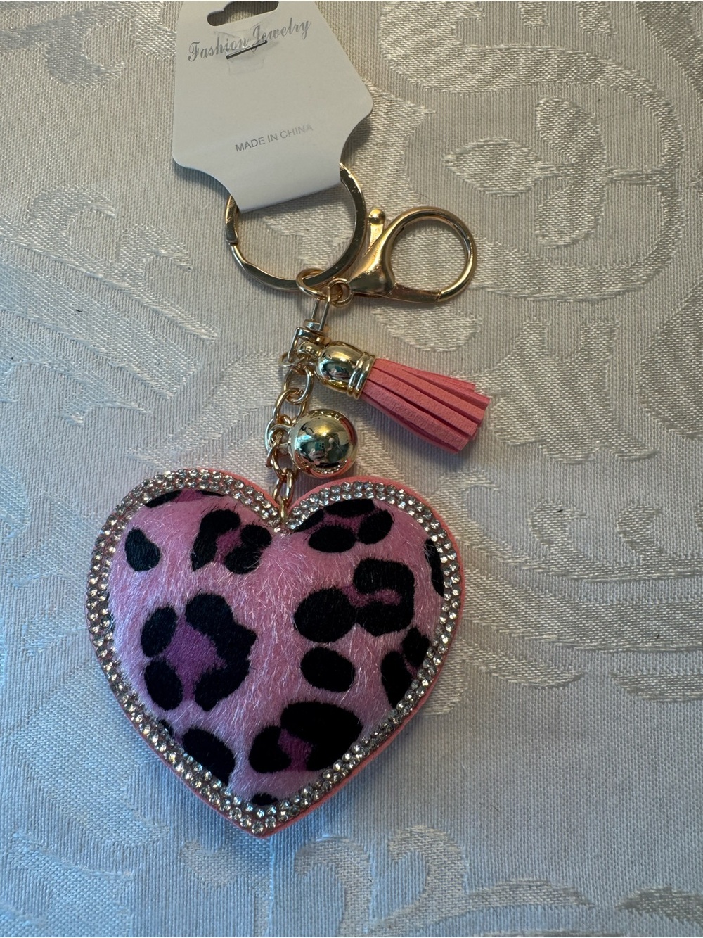 New Fashion Jewelry Pink Leopard Heart Keychain with Tassel, bag charm